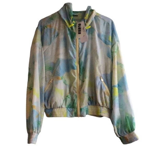 NWT GUESS Women’s Windbreaker Jacket Abstract Flowers Yellow Front Zipper Size S - Picture 1 of 6